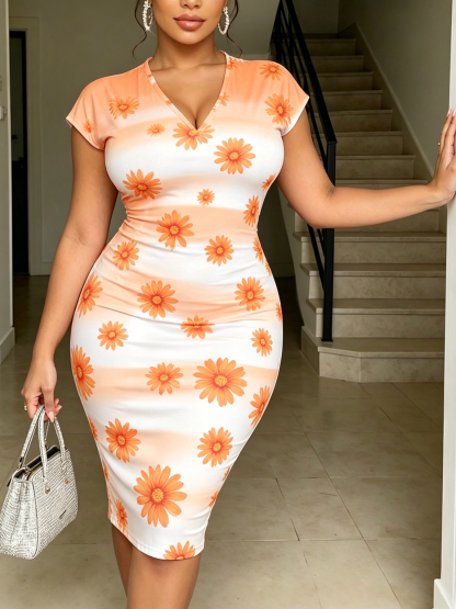Orange Ombre Daisy V-neck short sleeved Midi Dress 