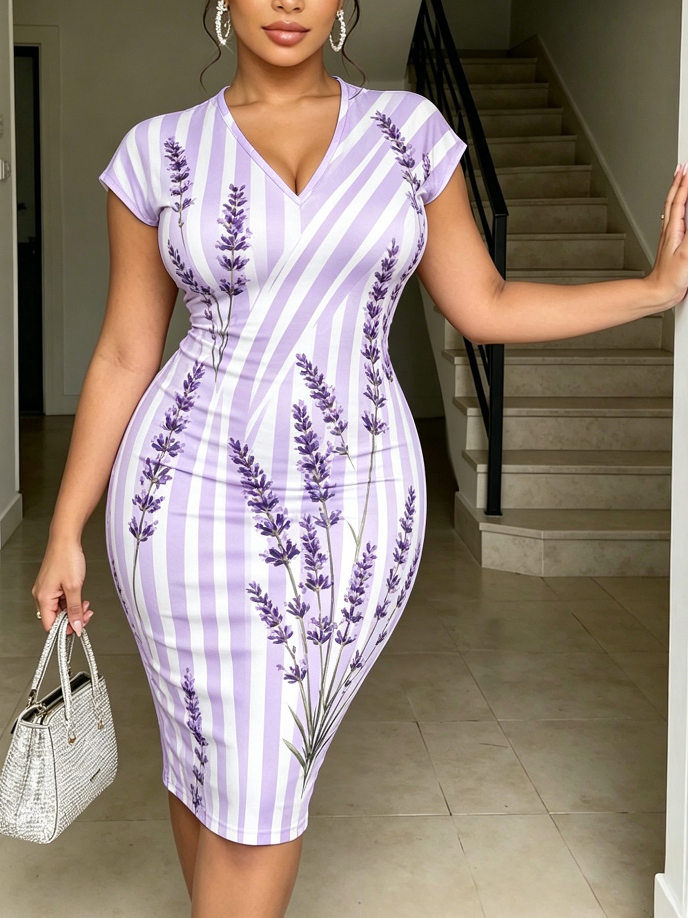 Lavender Stripe & Floral V-neck short sleeved Midi Dress 