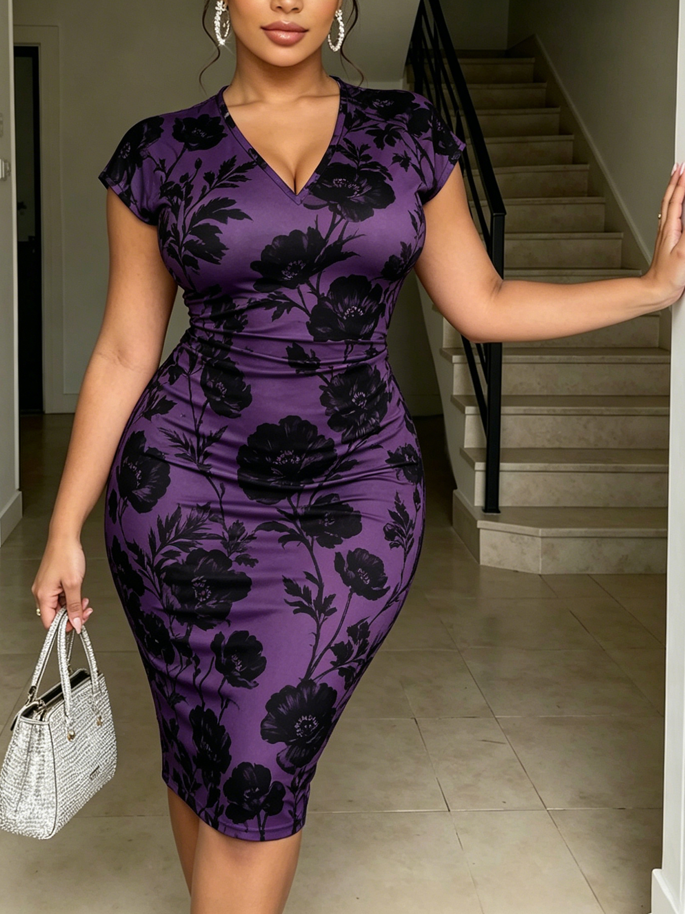 Purple Black Floral V-neck short sleeved Midi Dress TYUE3543