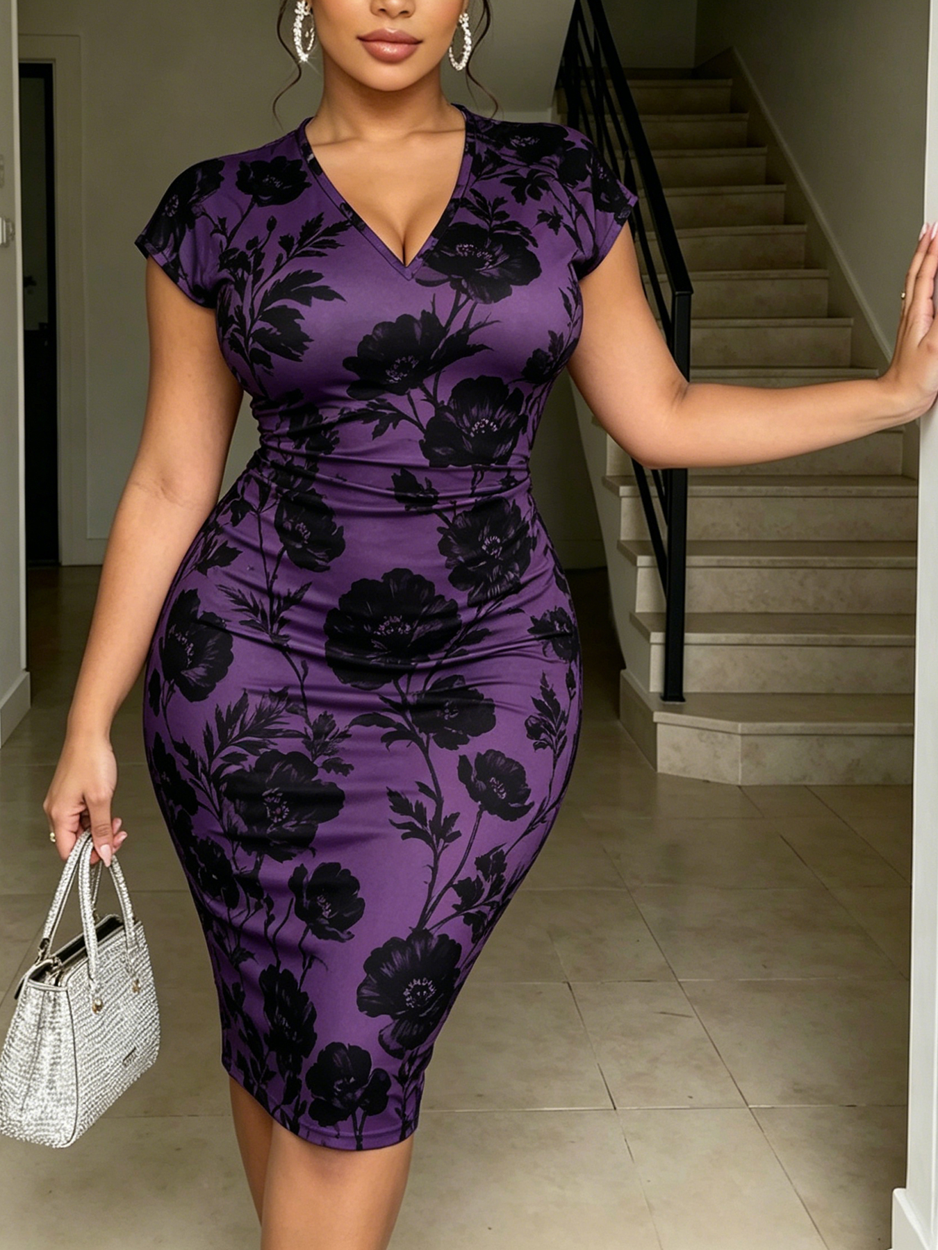 Purple Black Floral V-neck short sleeved Midi Dress TYUE3543