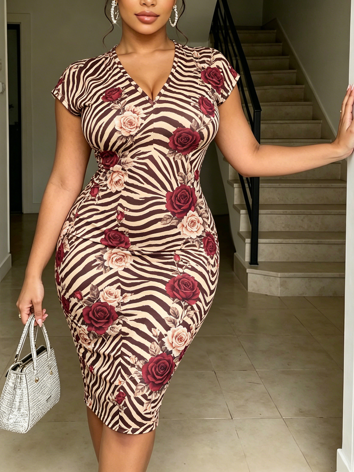 Zebra Stripe & Rose V-neck short sleeved Midi Dress TYUE3121