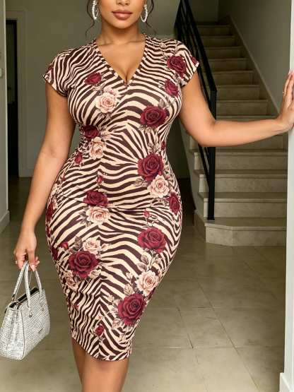 Zebra Stripe & Rose V-neck short sleeved Midi Dress TYUE3121
