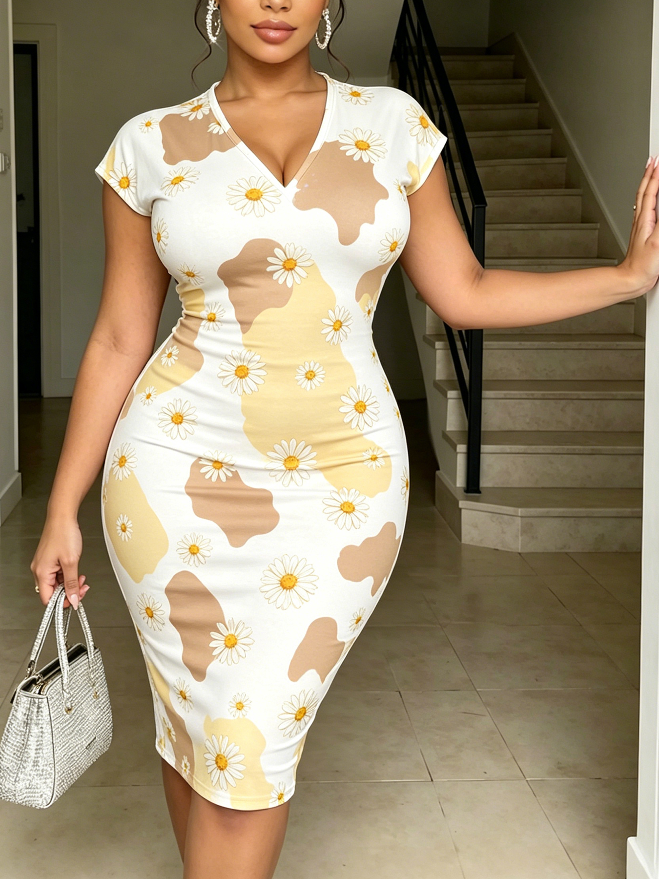 Neutral Tone Daisy V-neck short sleeved Midi Dress TYU898
