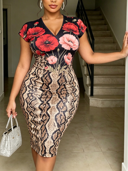 Snake Print & Poppy Flower V-neck short sleeved Midi Dress TYU7812