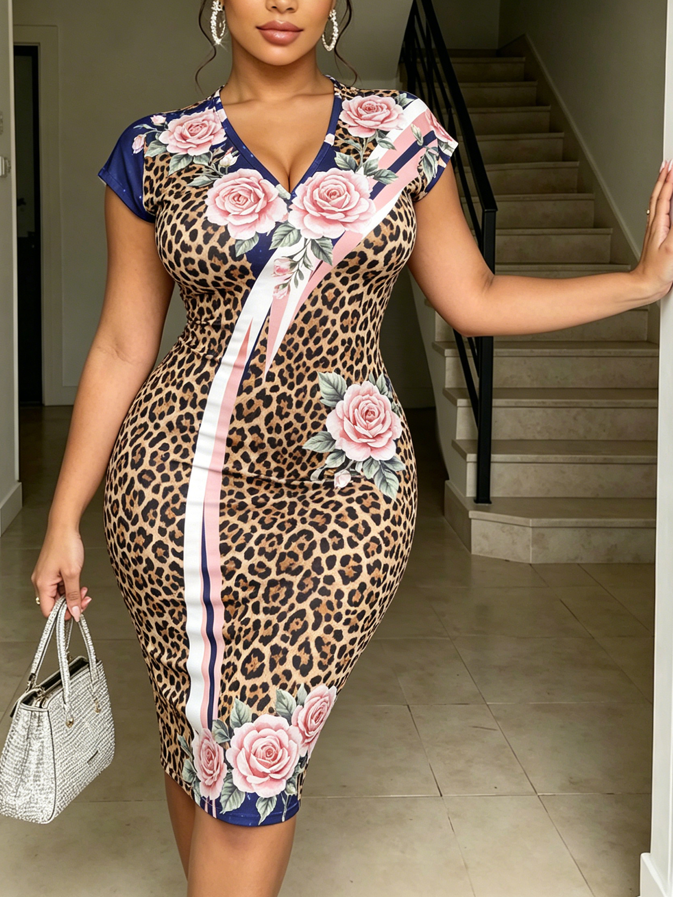 Leopard & Floral Curvy V-neck short sleeved Midi Dress 