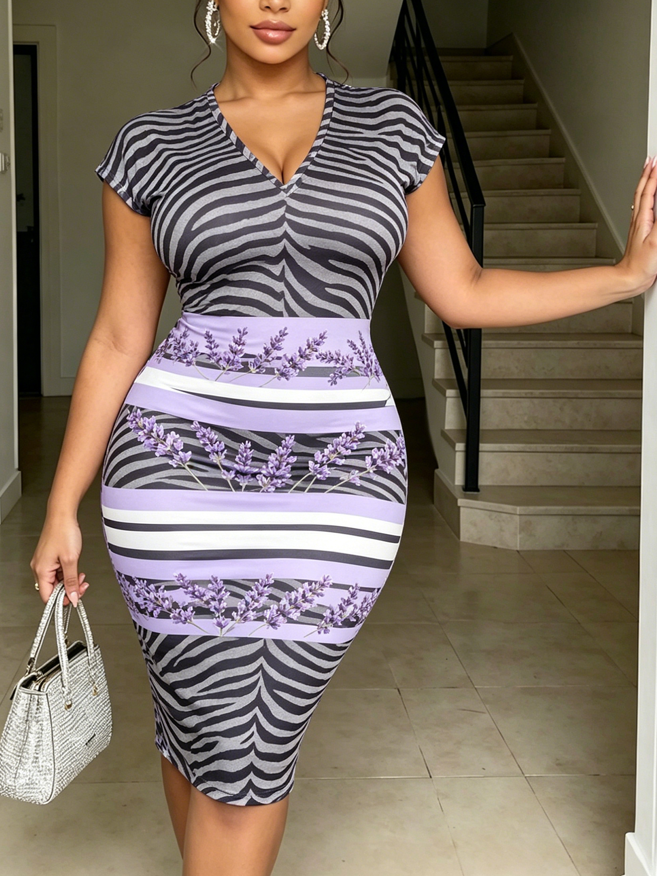 Zebra Print & Lavender Floral V-neck short sleeved Midi Dress 