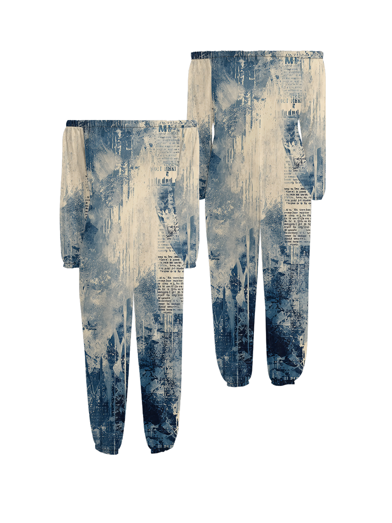 Vintage Newspaper Ink Wash Off-Shoulder Jumpsuit