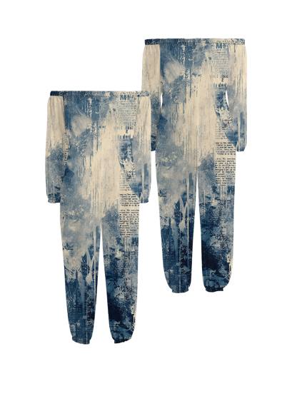 Vintage Newspaper Ink Wash Off-Shoulder Jumpsuit