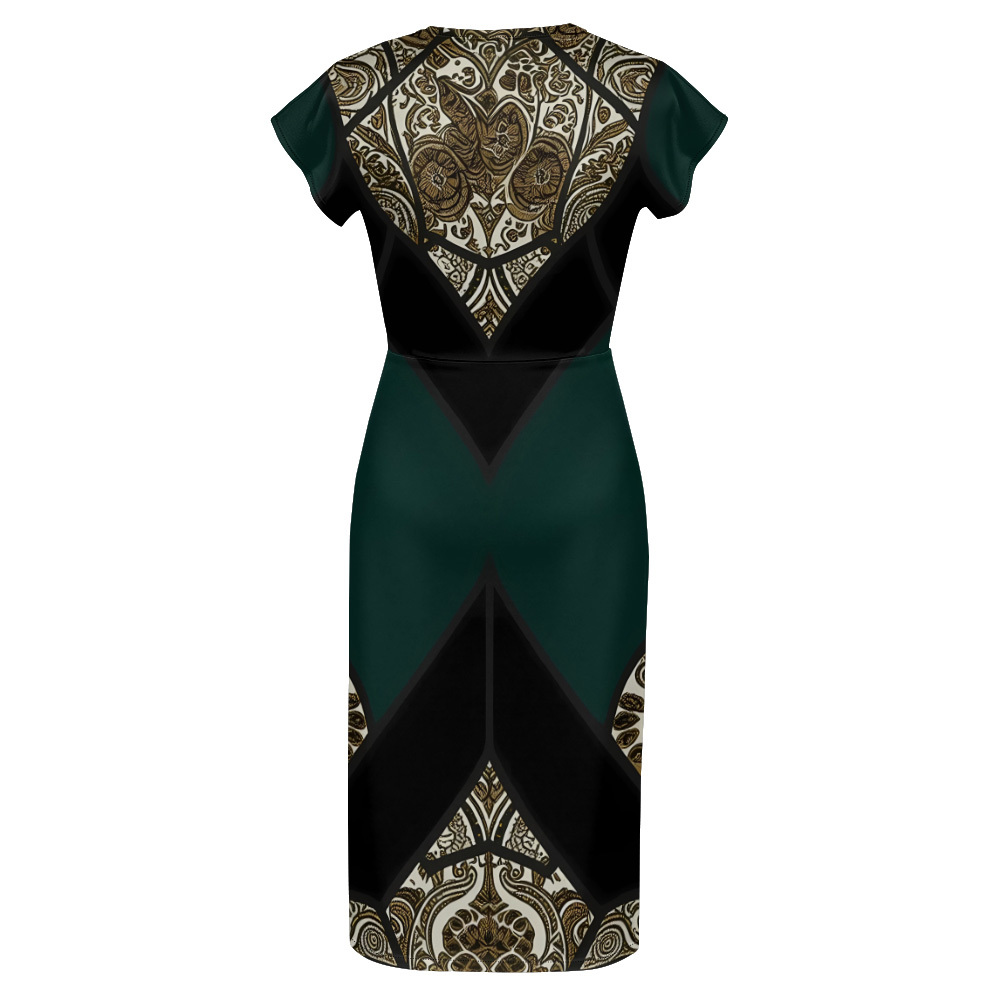 Emerald Green Gold Paisley Cap Sleeve V-Neck Midi Dress