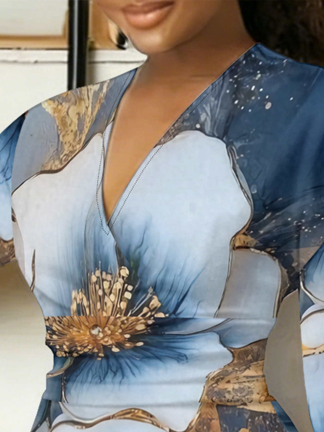 Blue Gold Floral V-Neck Bodycon Midi Dress ABG874