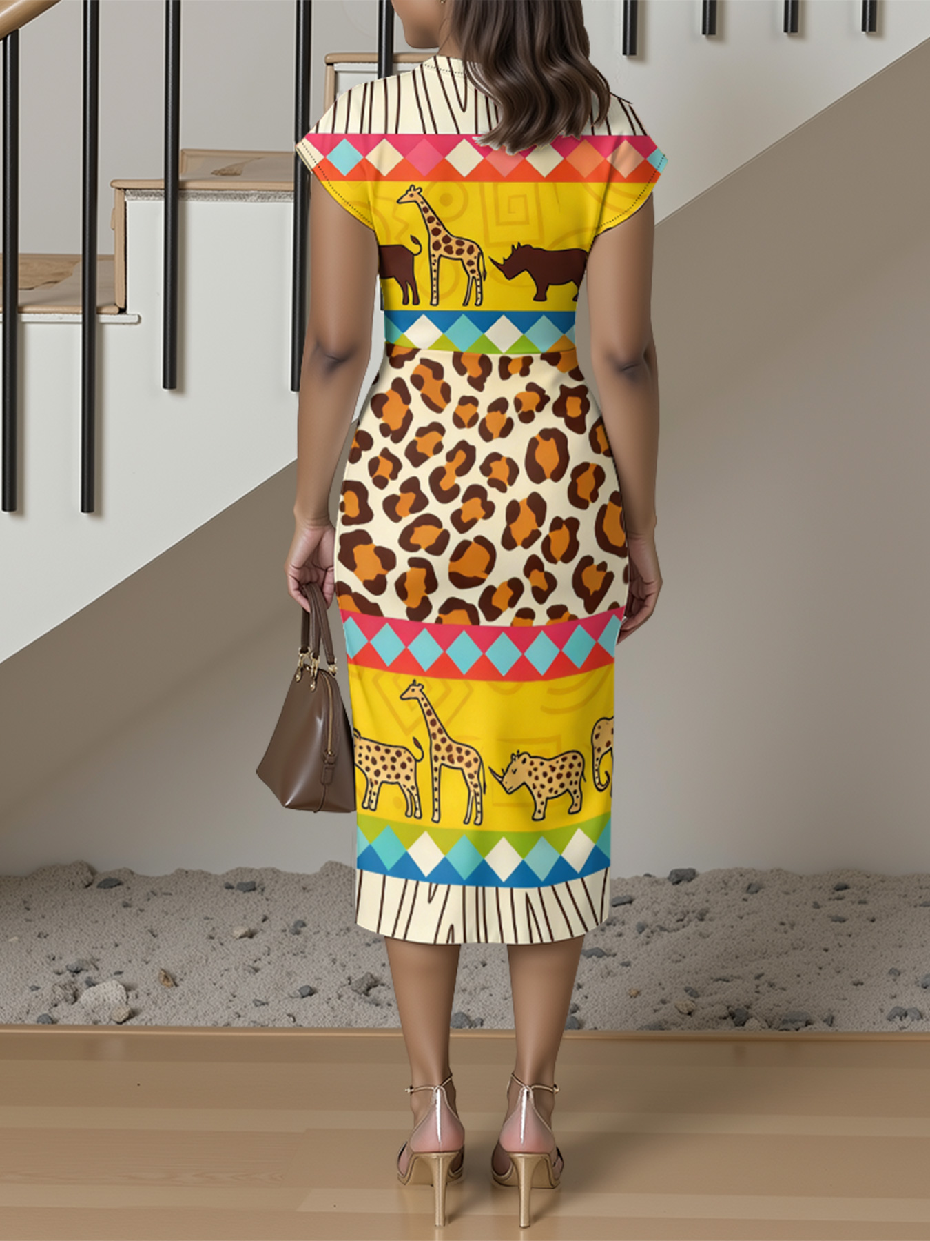 African Safari Cap Sleeve V-Neck Midi Dress 