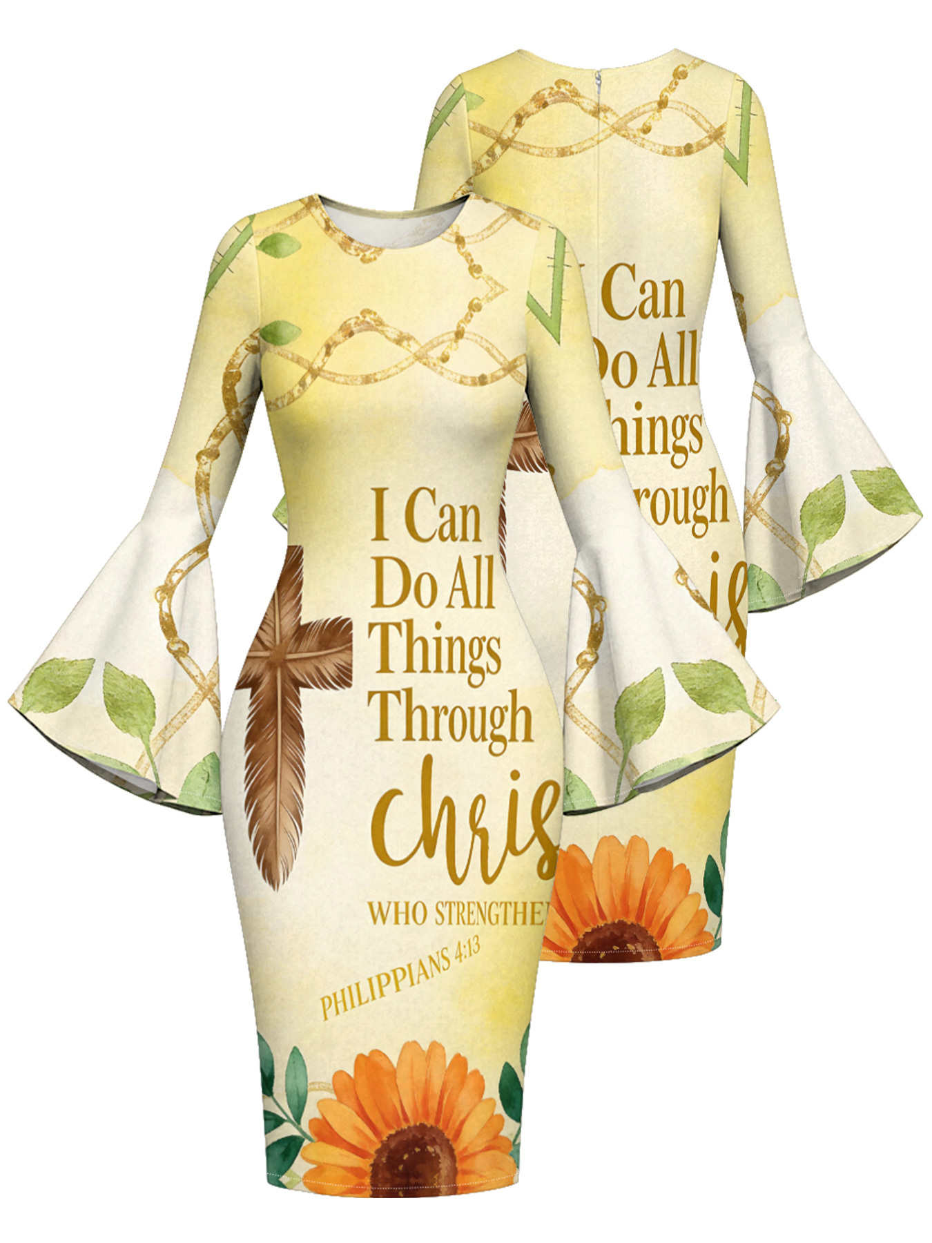 Butter Yellow Feather Cross Easter Flare Sleeve Bodycon Midi Dress