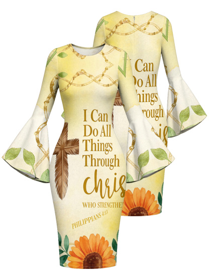 Butter Yellow Feather Cross Easter Flare Sleeve Bodycon Midi Dress