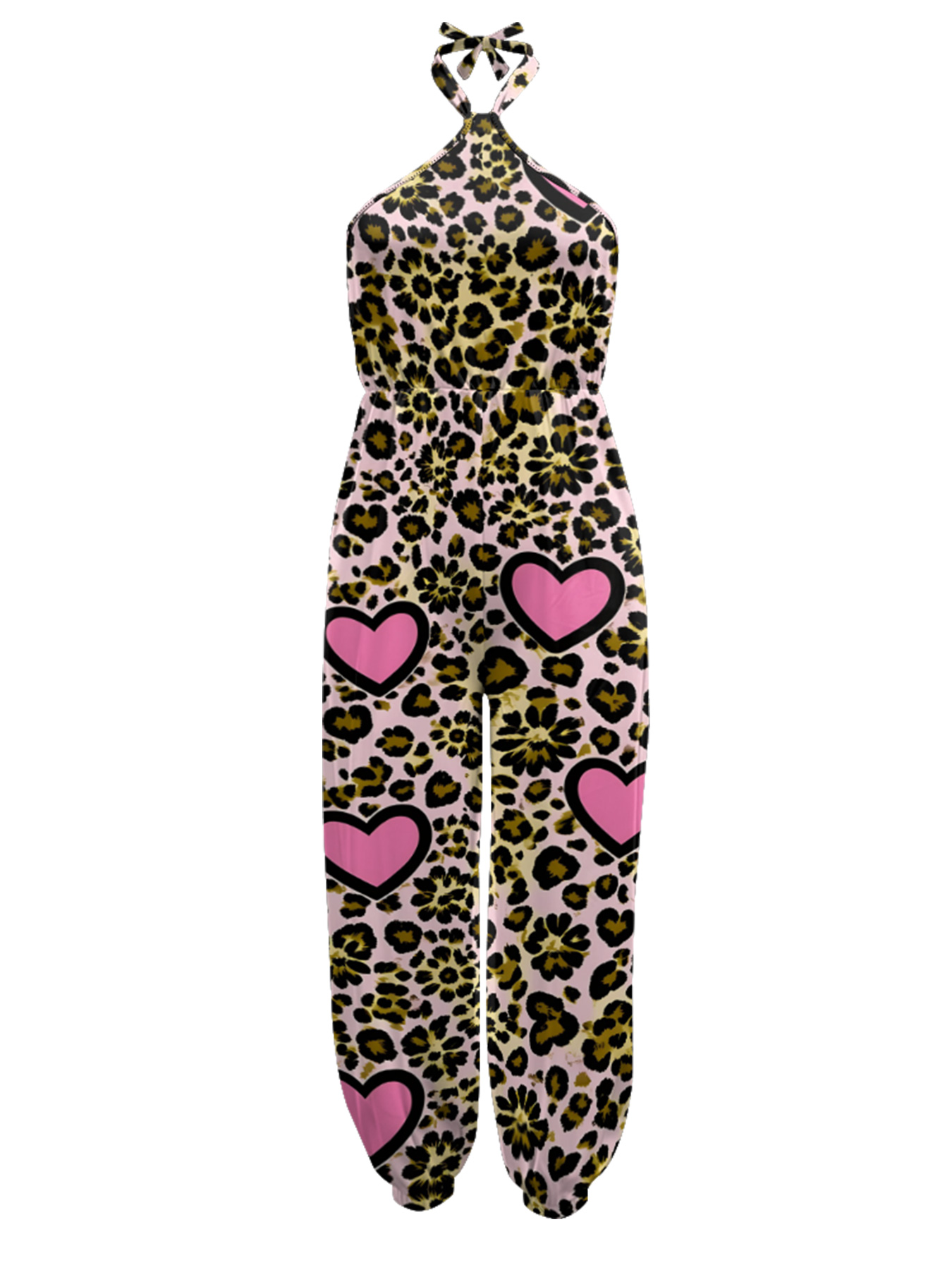 Pink Leopard & Heart Sleeveless Halter Jumpsuit