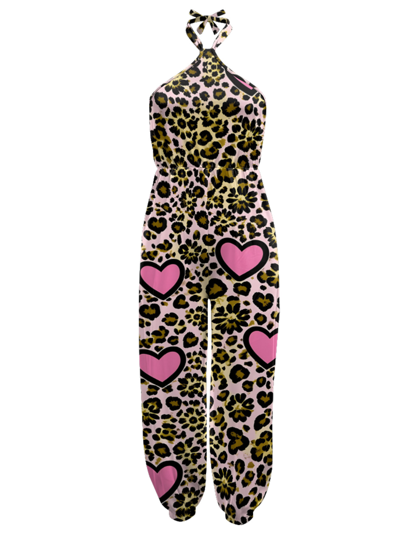 Pink Leopard & Heart Sleeveless Halter Jumpsuit
