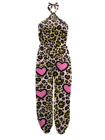 Pink Leopard & Heart Sleeveless Halter Jumpsuit