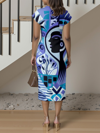 Abstract African Art Cap Sleeve V-Neck Midi Dress IYT99018