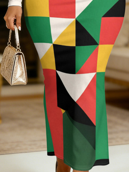 Bold Geometric Color Block Round Sleeve Neck Long Bodycon Dress