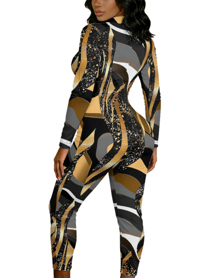 Metallic Gold Stripe Long Sleeve Zip-Up Jumpsuit STU943