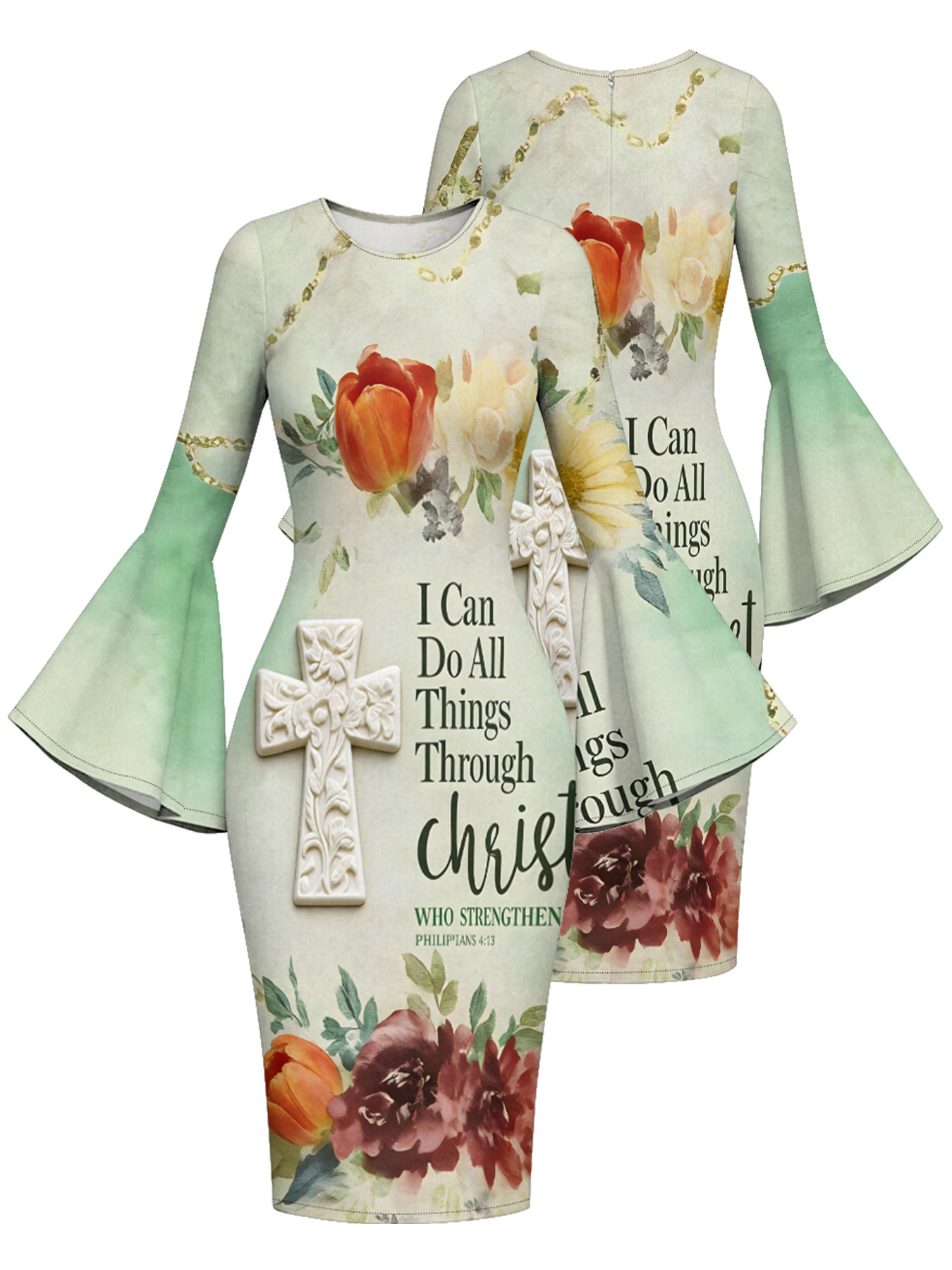 Sage Green Vintage Cross Easter Flare Sleeve Bodycon Midi Dress