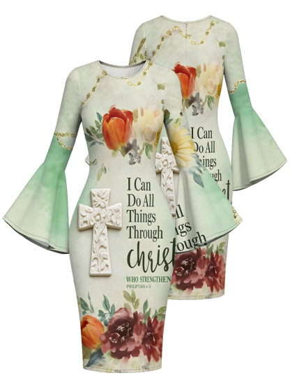 Sage Green Vintage Cross Easter Flare Sleeve Bodycon Midi Dress