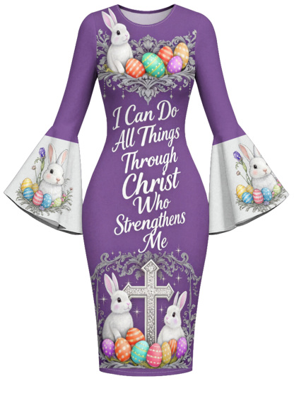Purple Easter Bunny Cross  Easter Flare Sleeve Bodycon Midi Dress