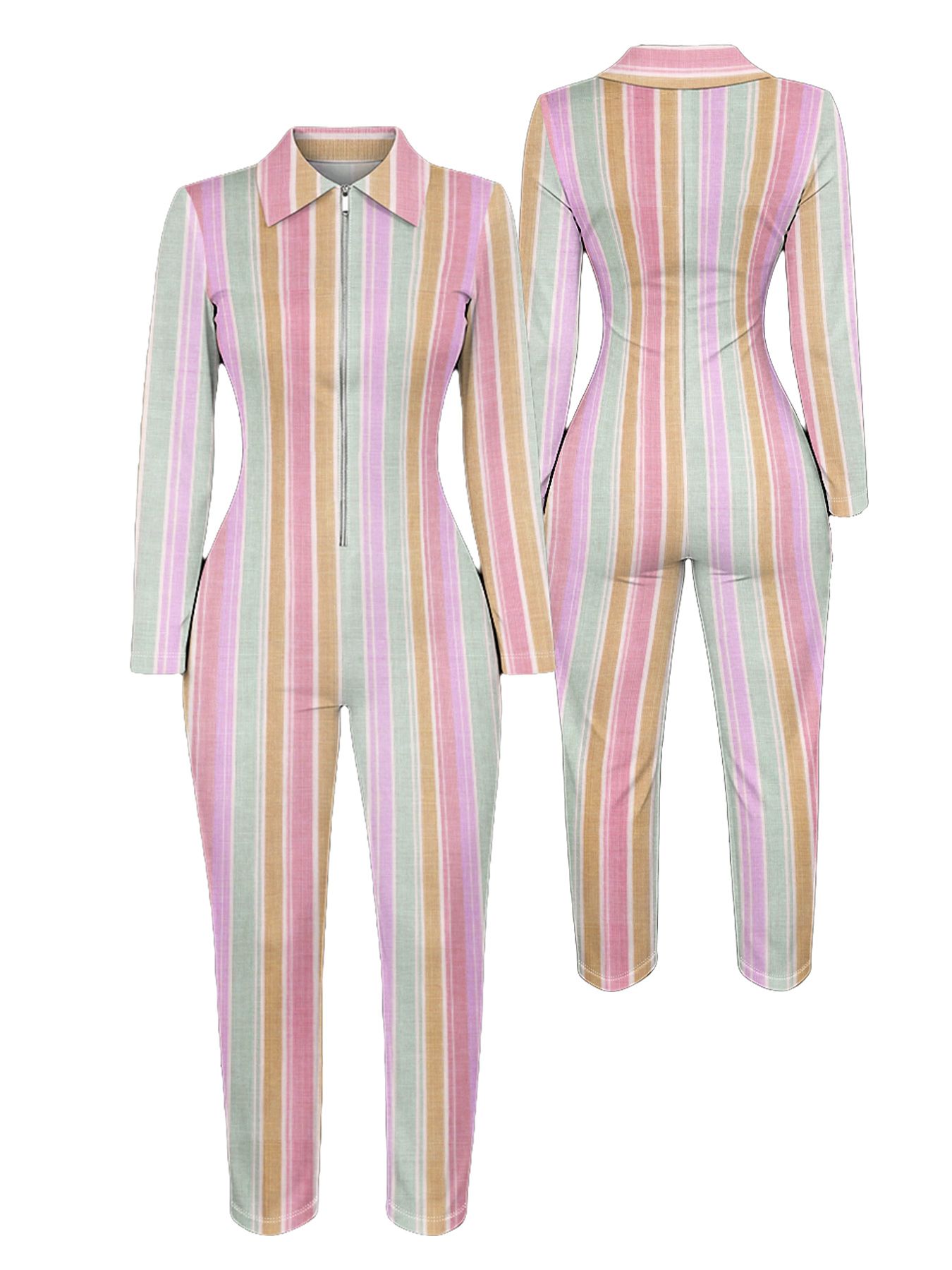 Pastel Stripe Long Sleeve Zip-Up Jumpsuit WXY503
