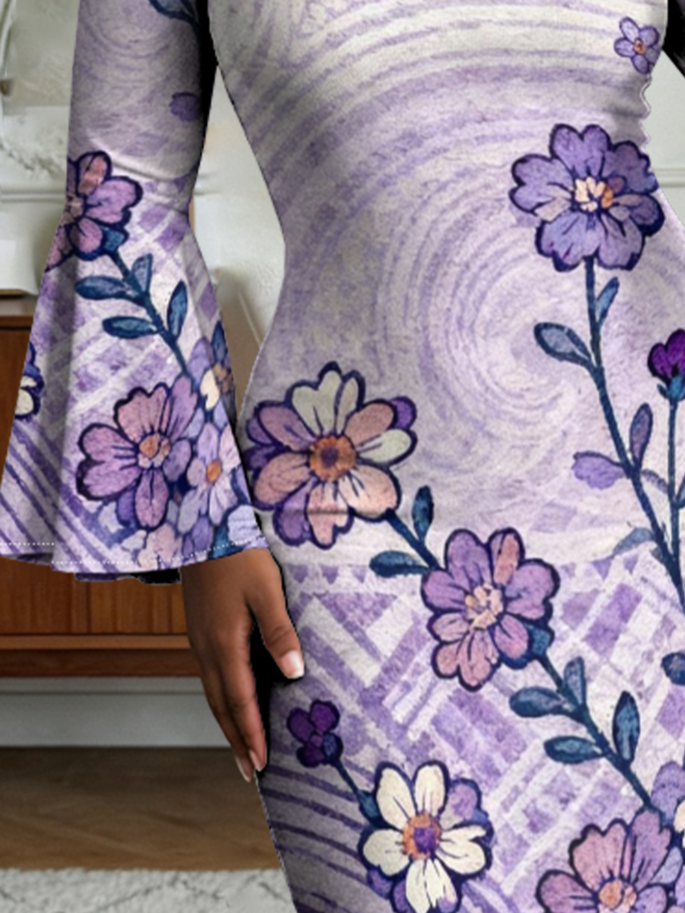 Lavender Swirl Floral Flare Sleeve Bodycon Midi Dress XWU620