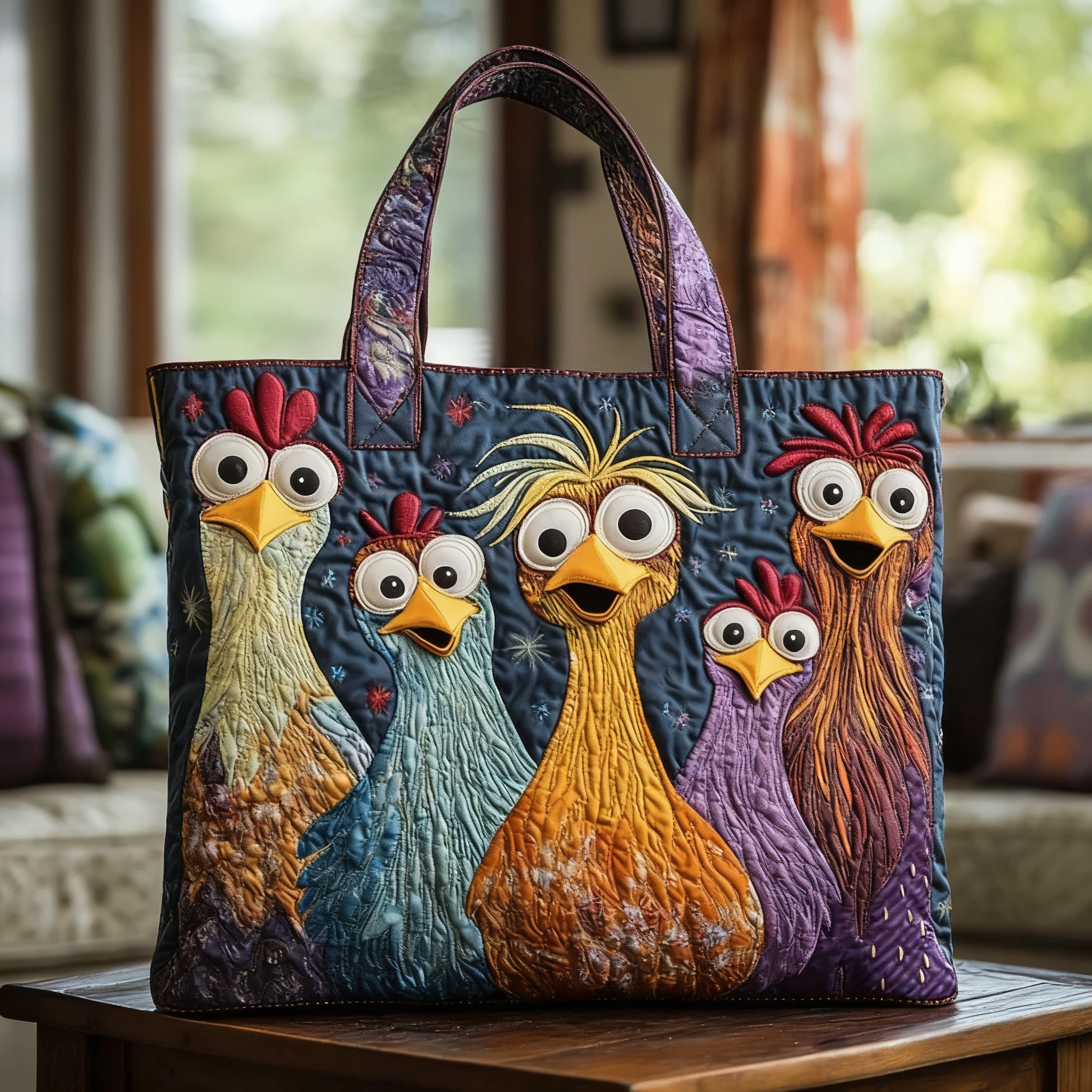 Funny Chickens Quilted Tote Bag  Animal print