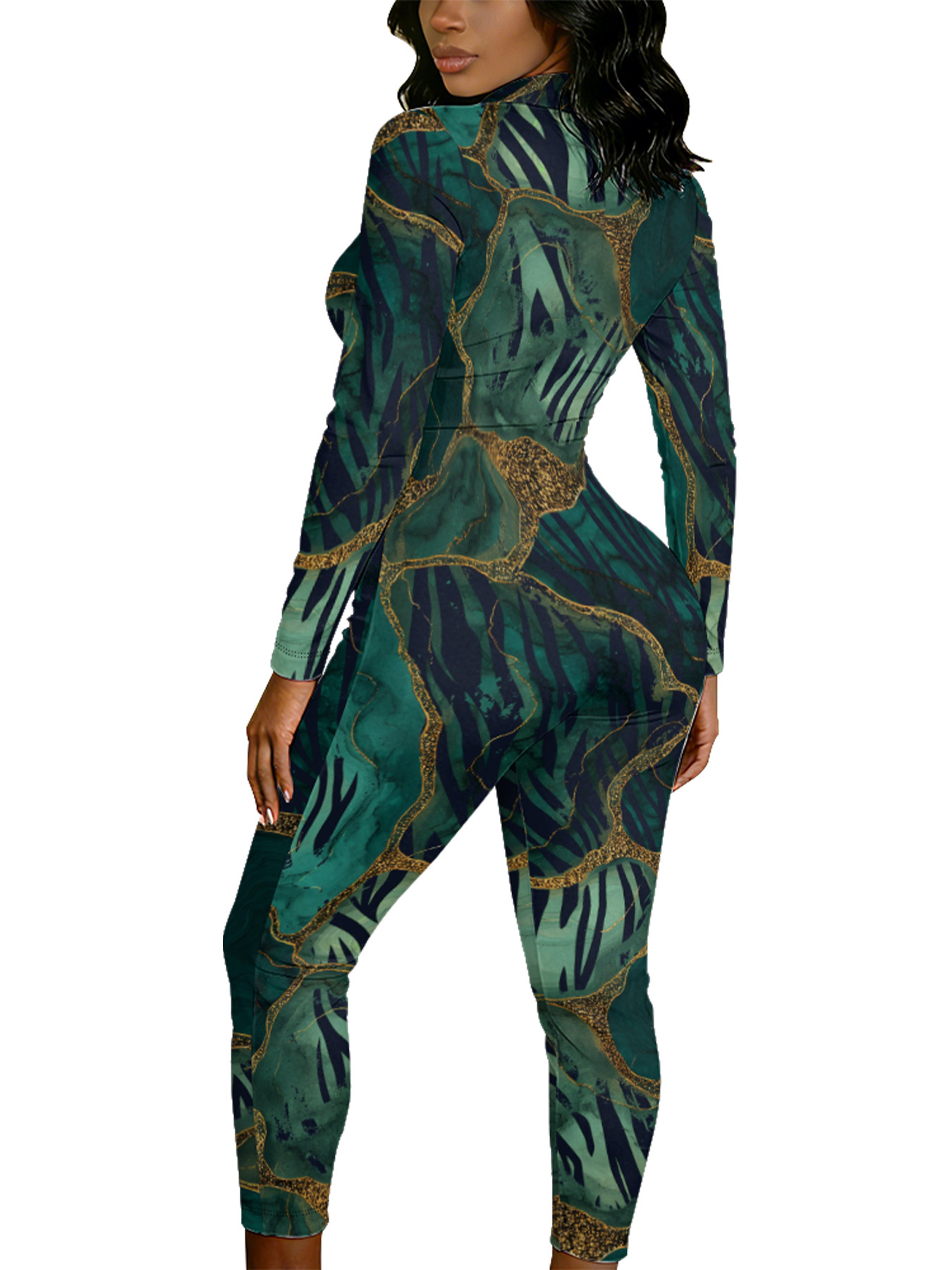 Emerald Green Marble Long Sleeve Zip-Up Jumpsuit UVW721