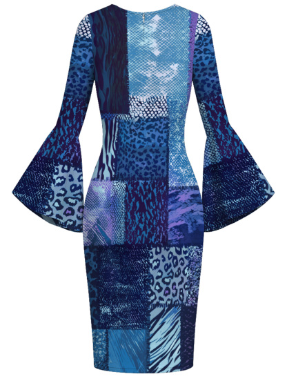 Blue Mixed Animal Print Bell Flare Sleeve Bodycon Midi Dress