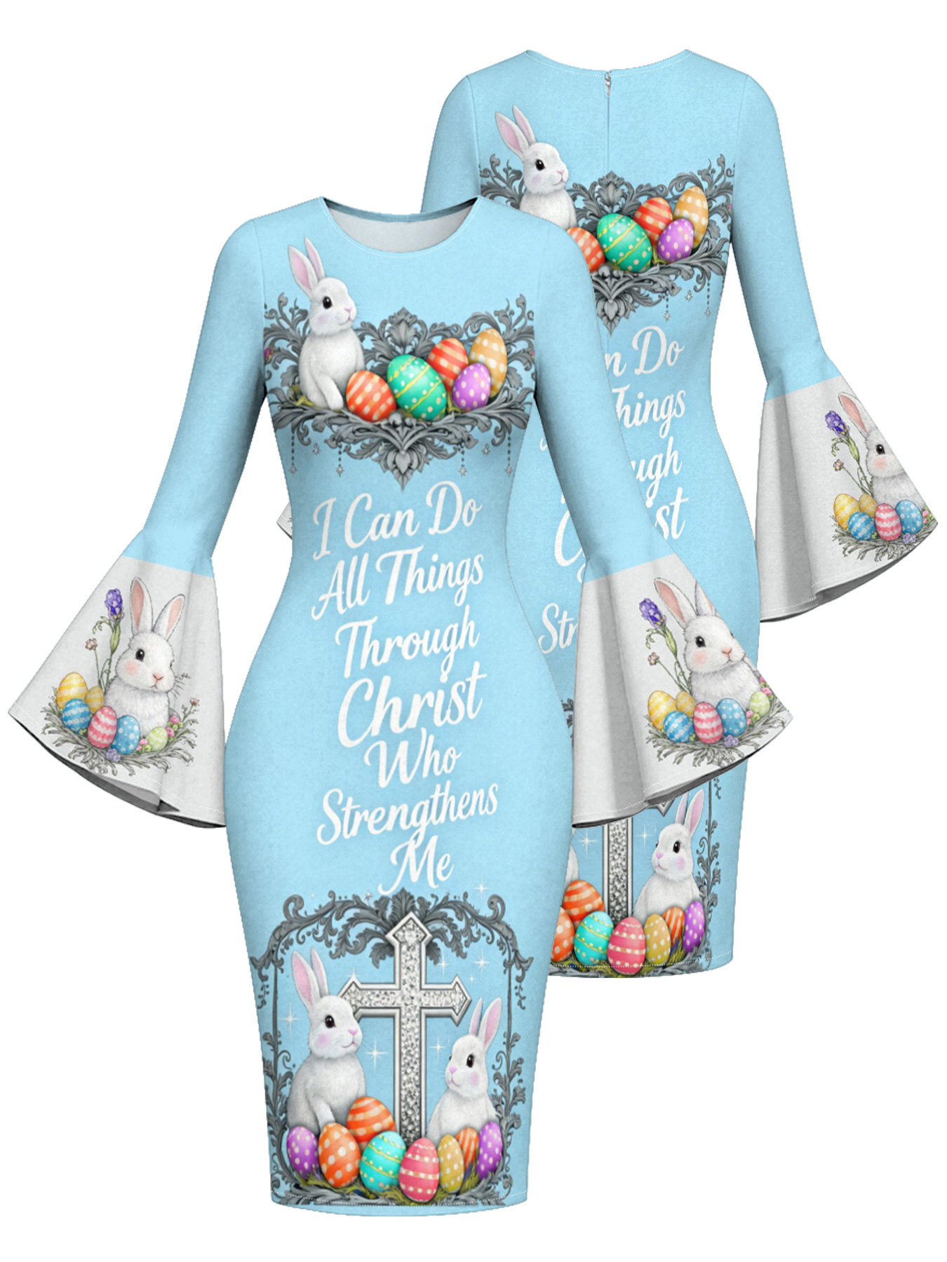 Sky Blue Easter Bunny Cross Easter Flare Sleeve Bodycon Midi Dress