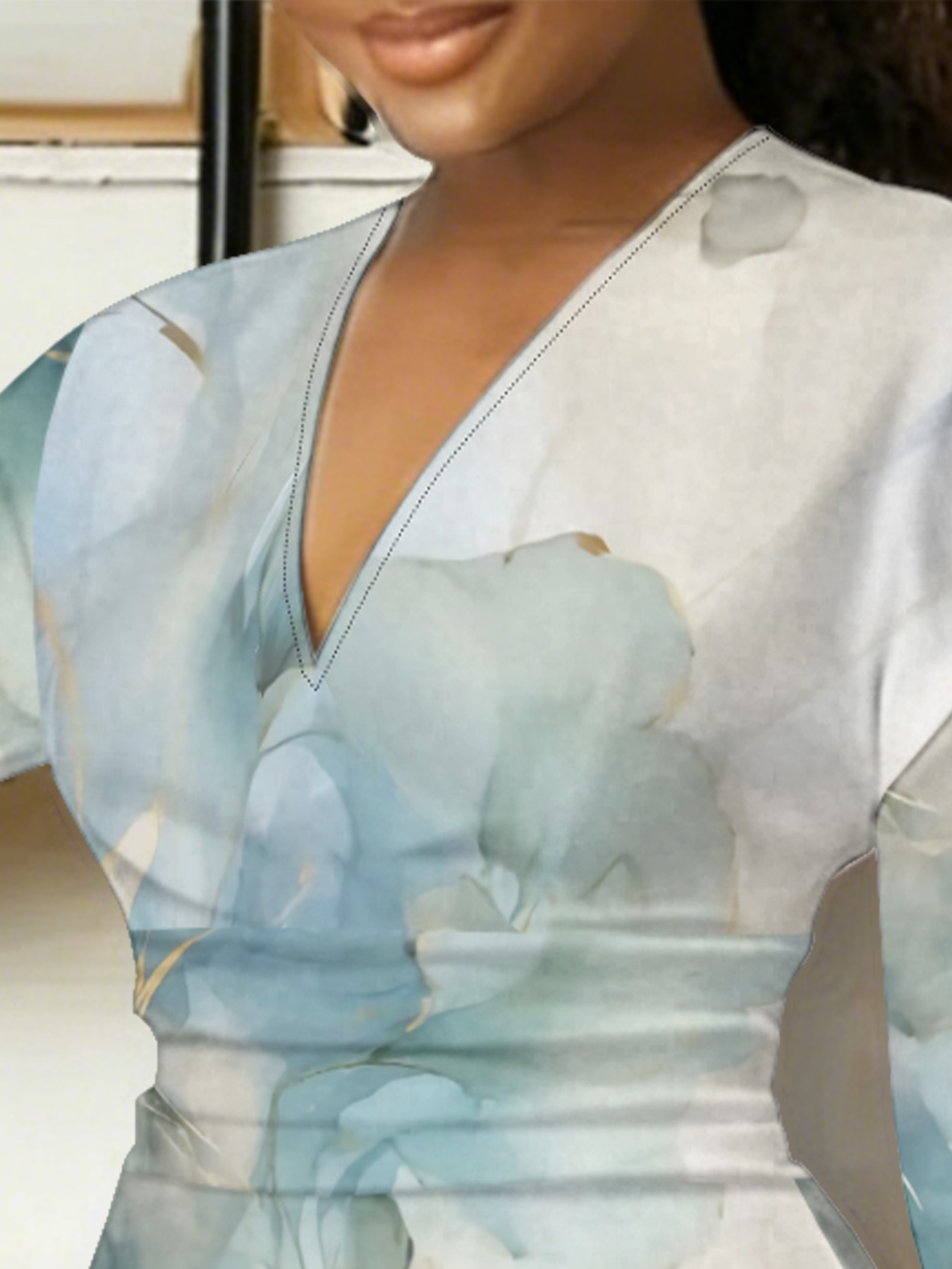 Teal Watercolor Floral V-Neck Bodycon Midi Dress ACH763