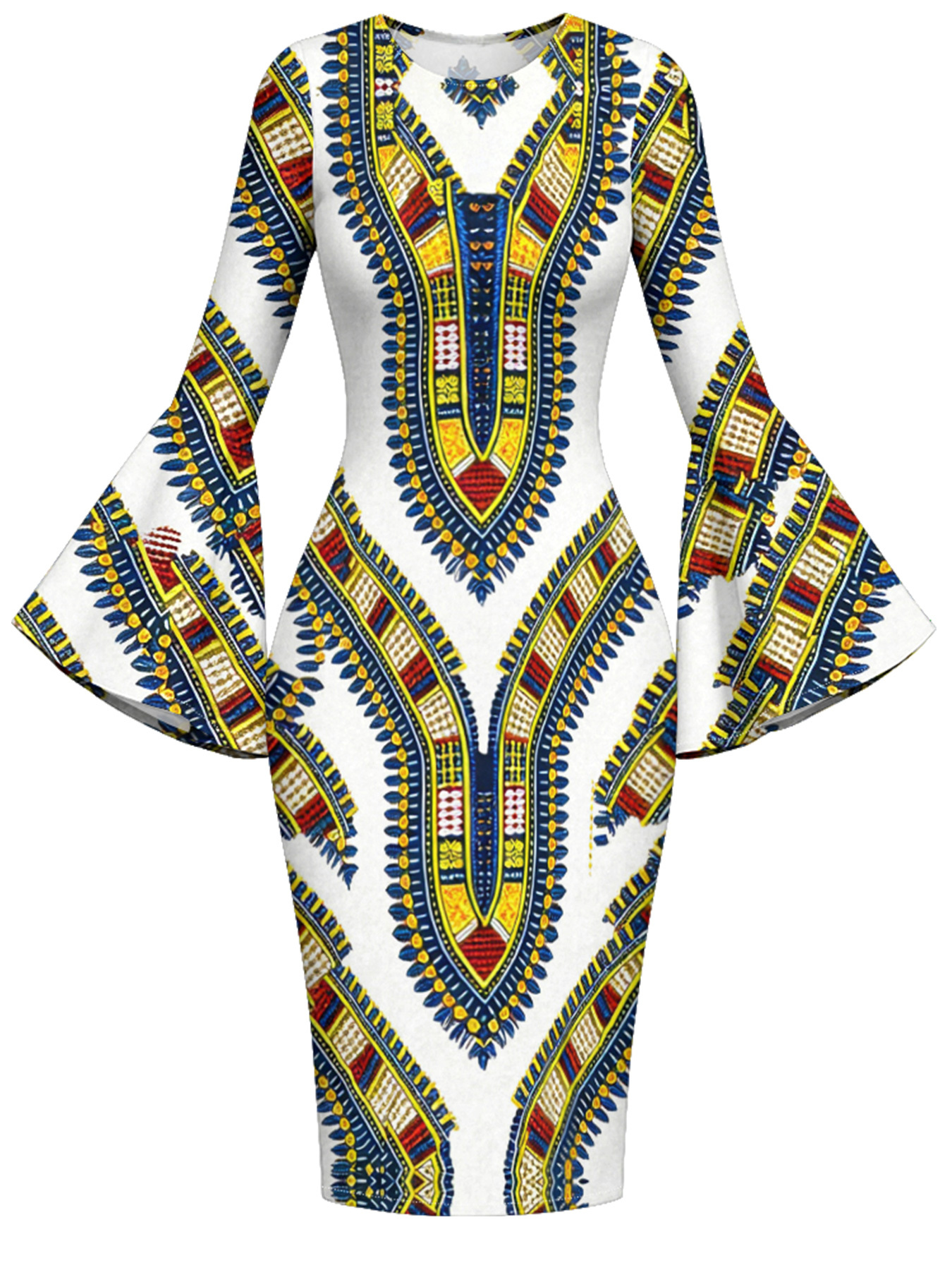 White Dashiki Print Bell Flare Sleeve Bodycon Midi Dress