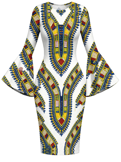 White Dashiki Print Bell Flare Sleeve Bodycon Midi Dress