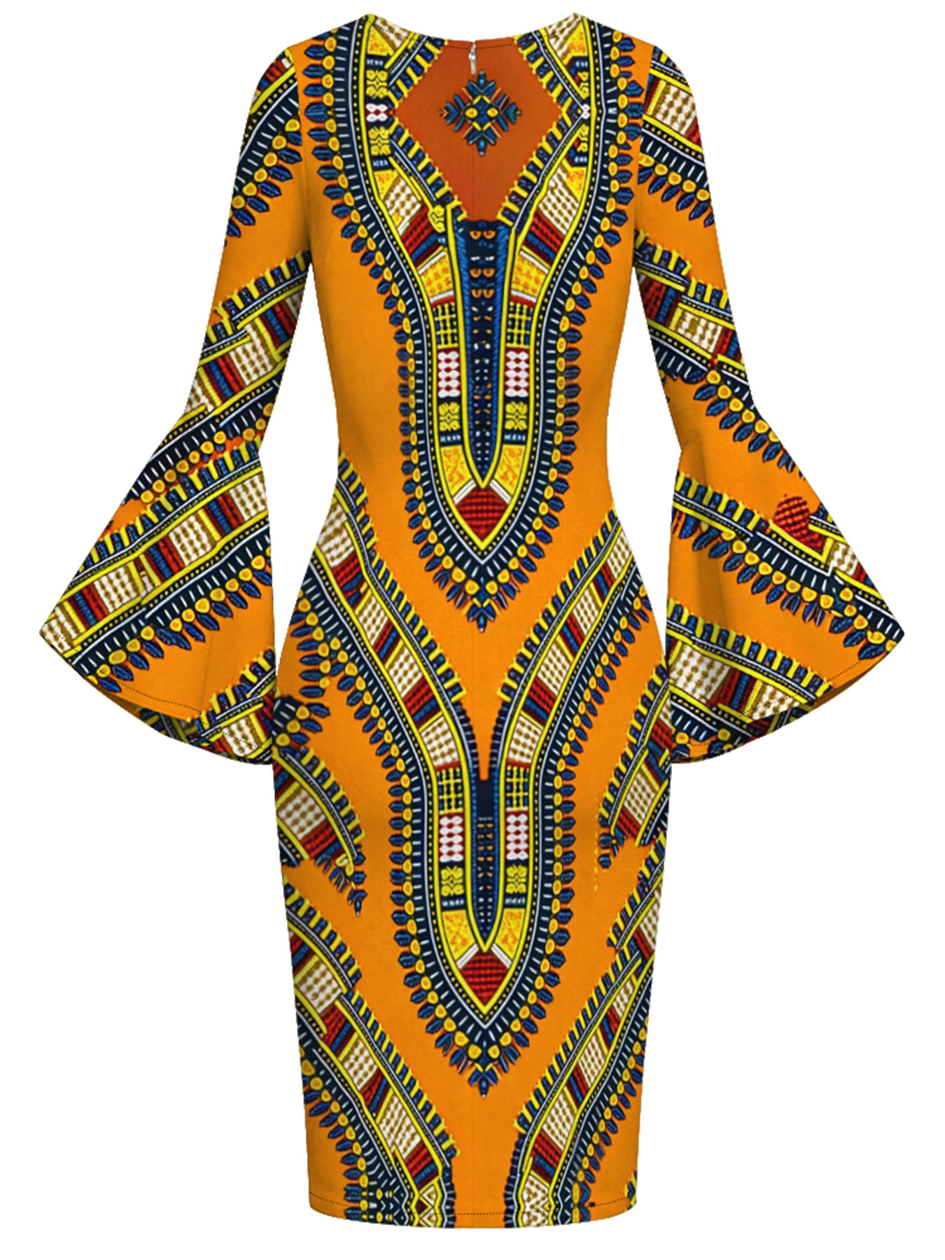 African Tribal Flare Sleeve Bodycon Midi Dress IOJ85689
