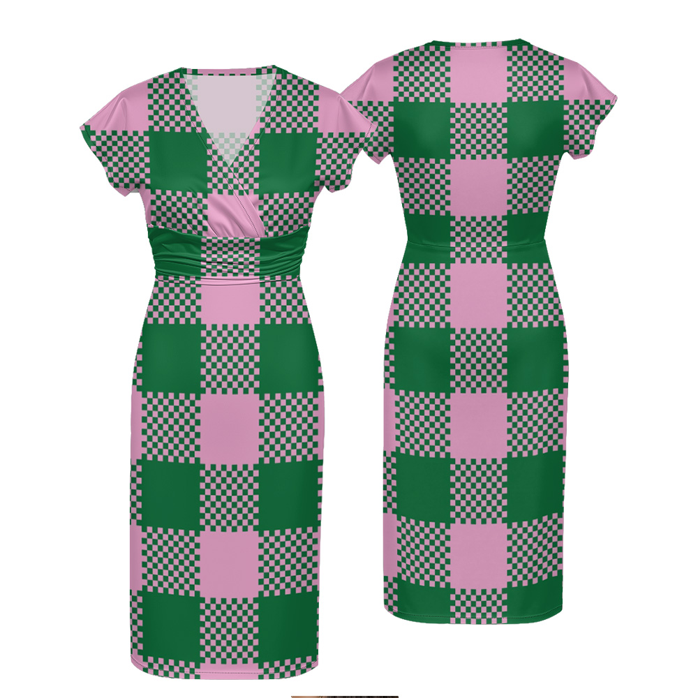 Pink Green Checkerboard Cap Sleeve V-Neck Midi Dress BCF963