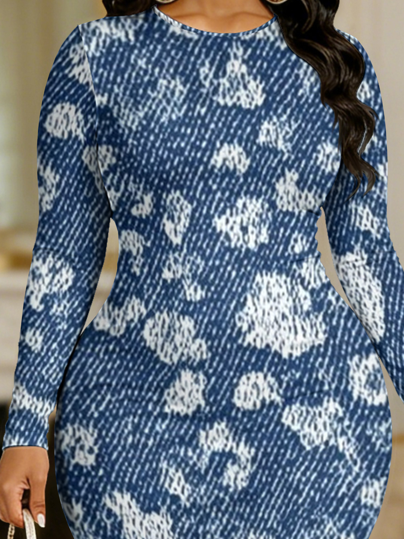 Denim Leopard Round Sleeve Neck Long Bodycon Dress UGFJ6858