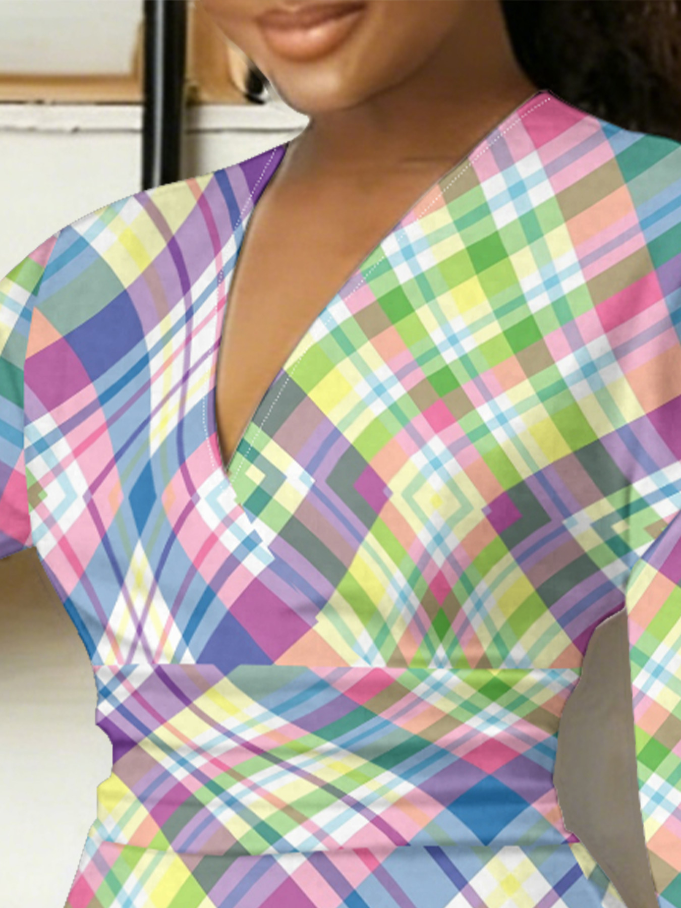 Rainbow Plaid V-Neck Bodycon Midi Dress