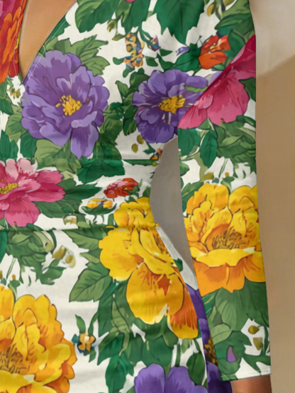 Vibrant Multicolor Floral V-Neck Bodycon Midi Dress WJN3682
