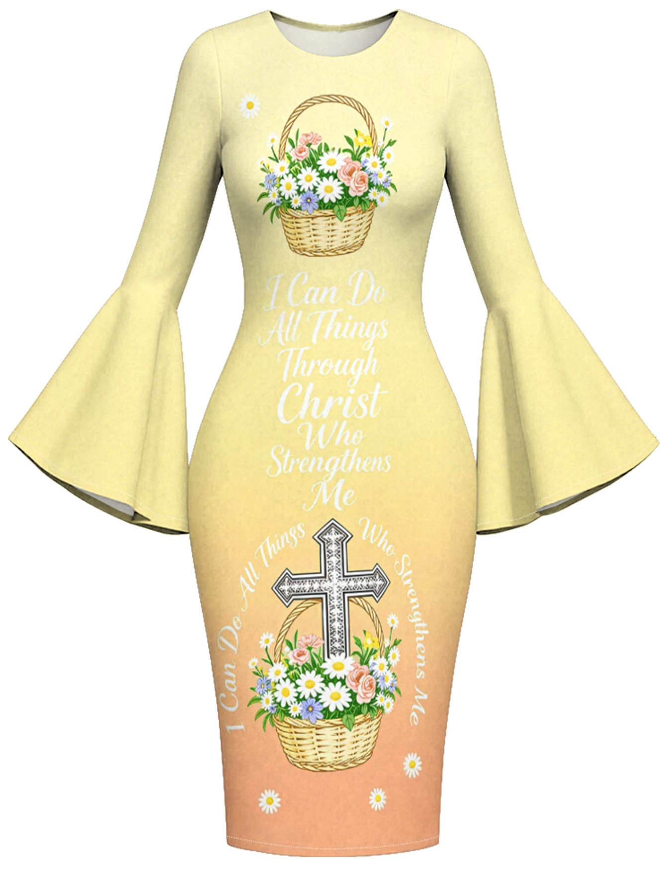 Butter Yellow Floral Basket Cross Easter Flare Sleeve Bodycon Midi Dress