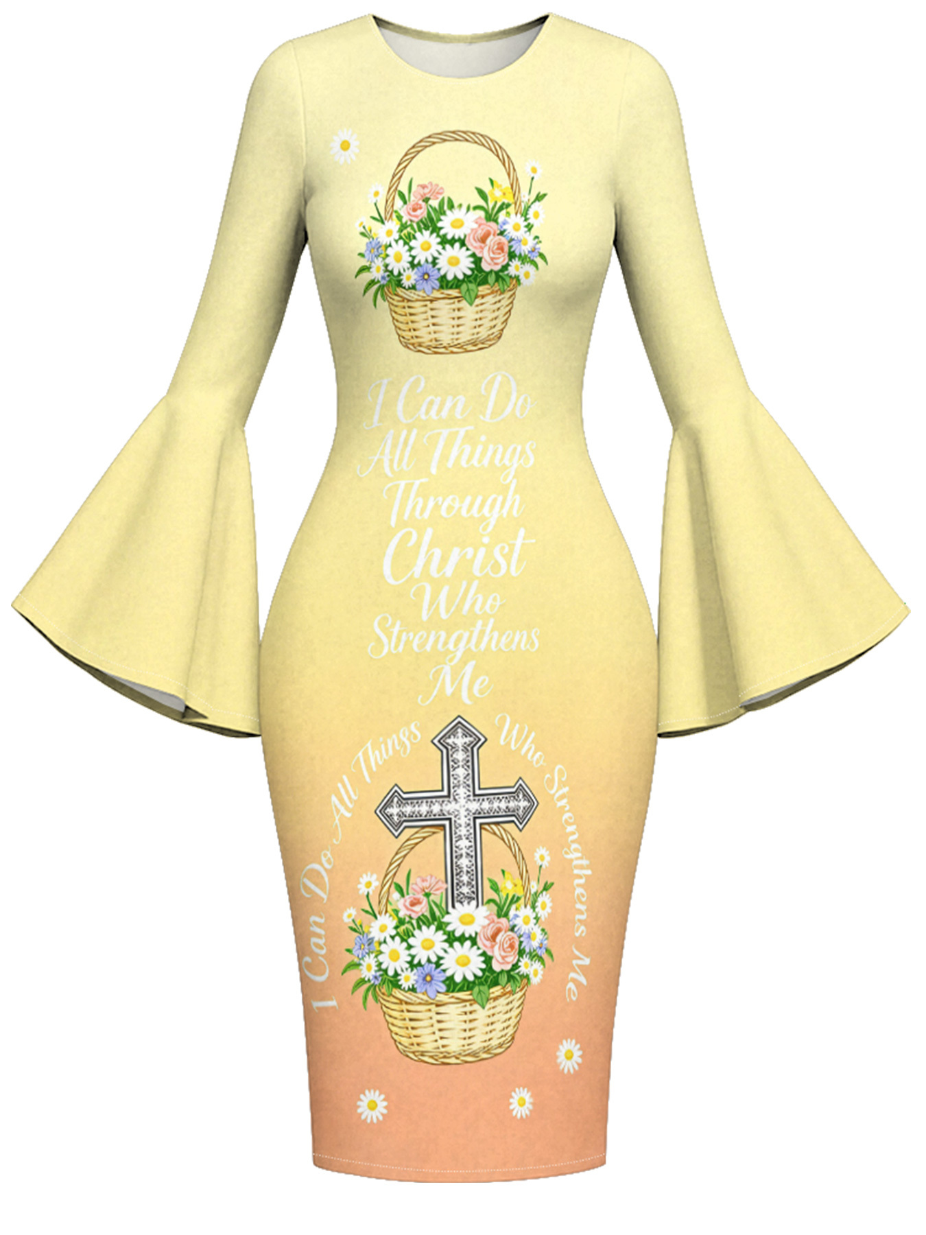 Butter Yellow Floral Basket Cross Easter Flare Sleeve Bodycon Midi Dress