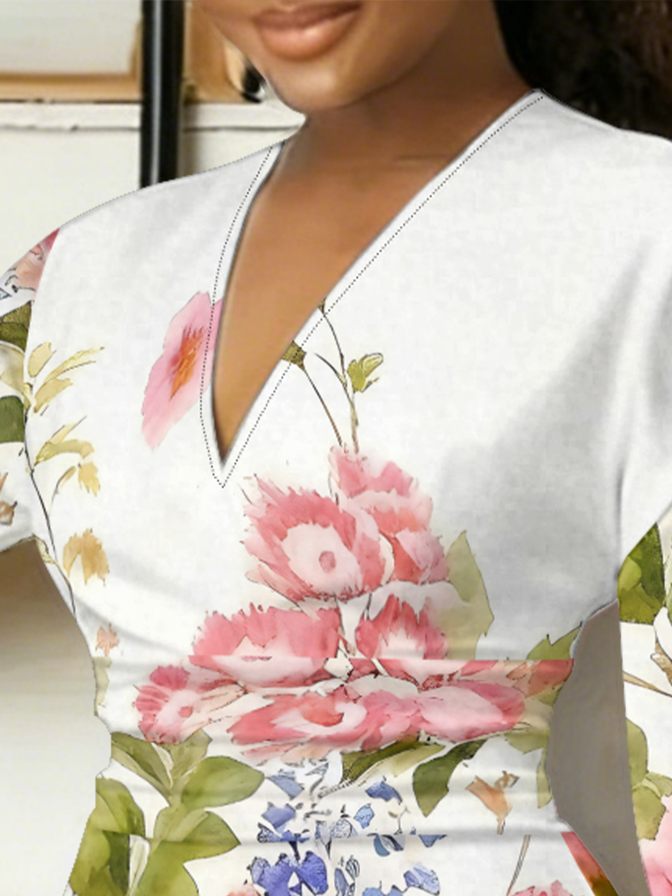 Watercolor Floral V-Neck Bodycon Midi Dress