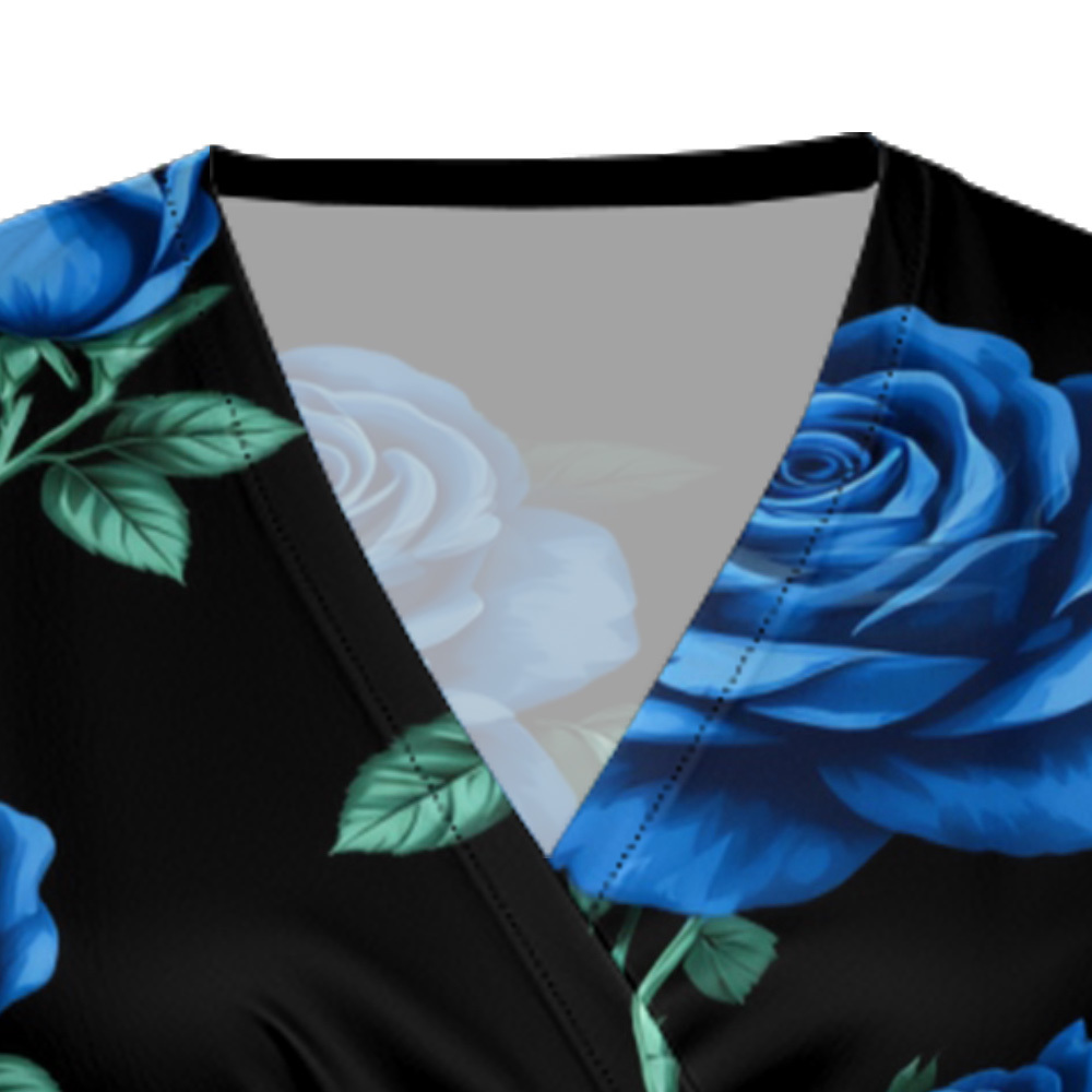 Black Blue Rose Cap Sleeve V-Neck Midi Dress