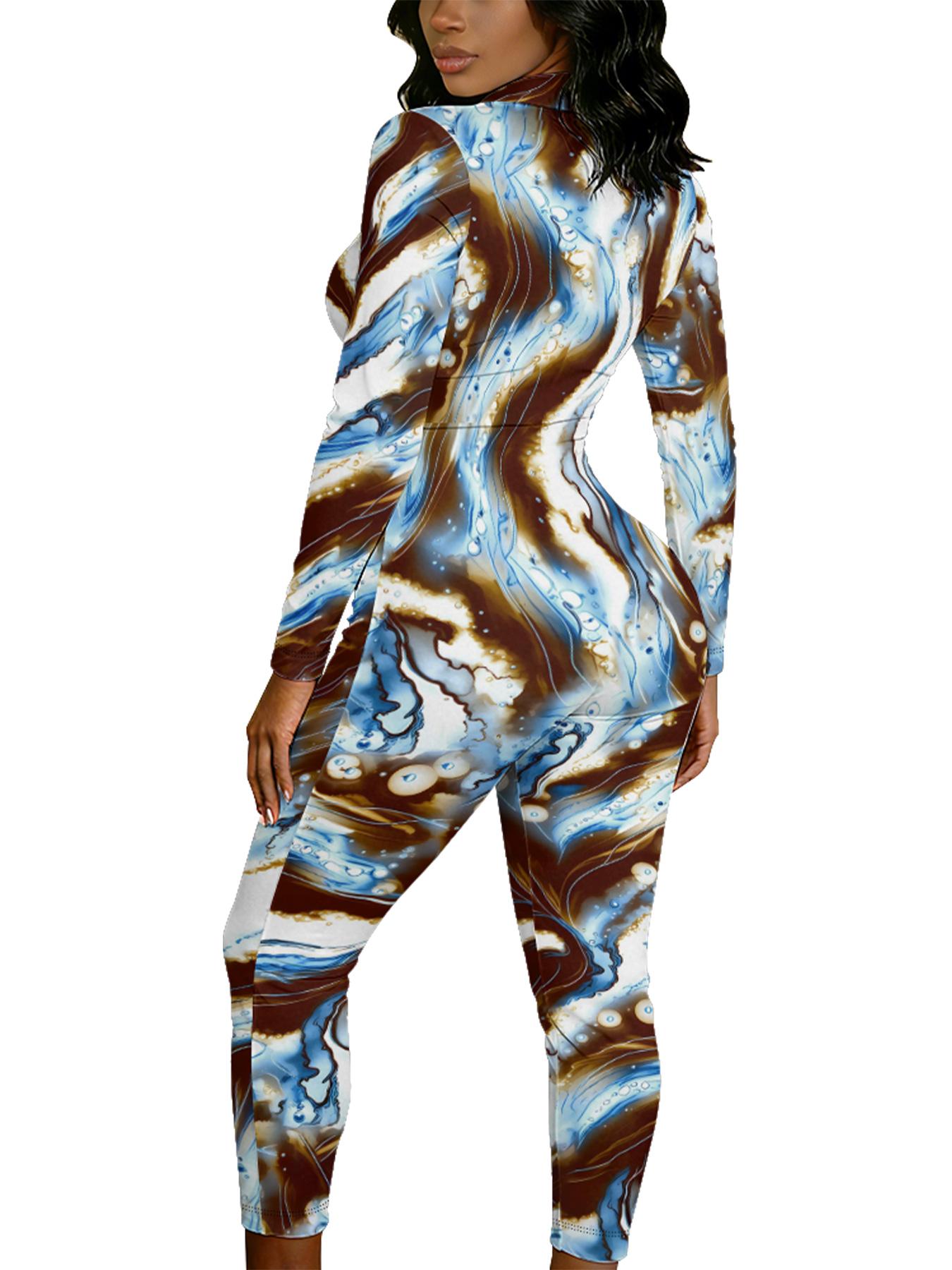 Marble Swirl Long Sleeve Zip-Up Jumpsuit