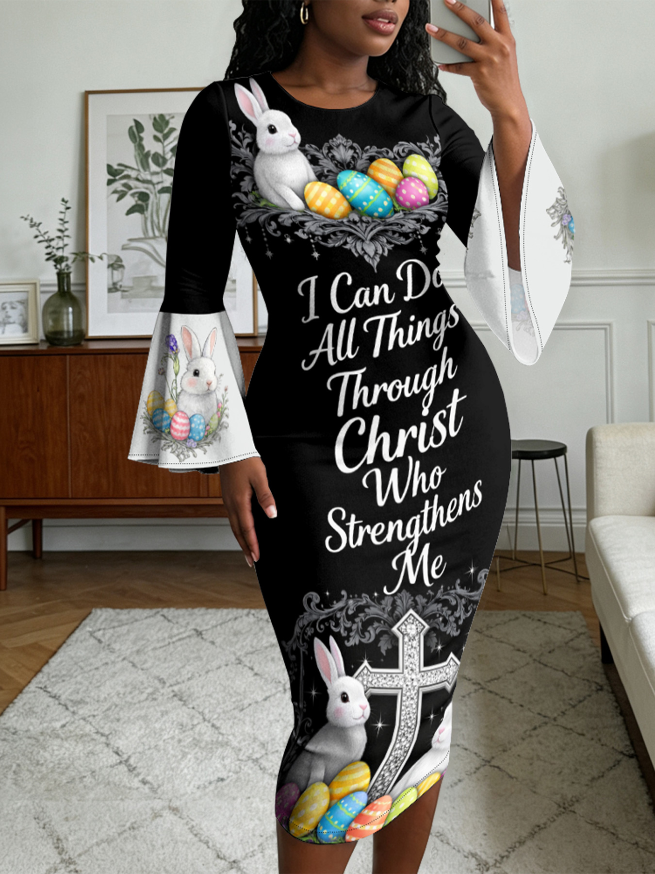 Easter Bunny Christian Cross Flare Sleeve Bodycon Midi Dress