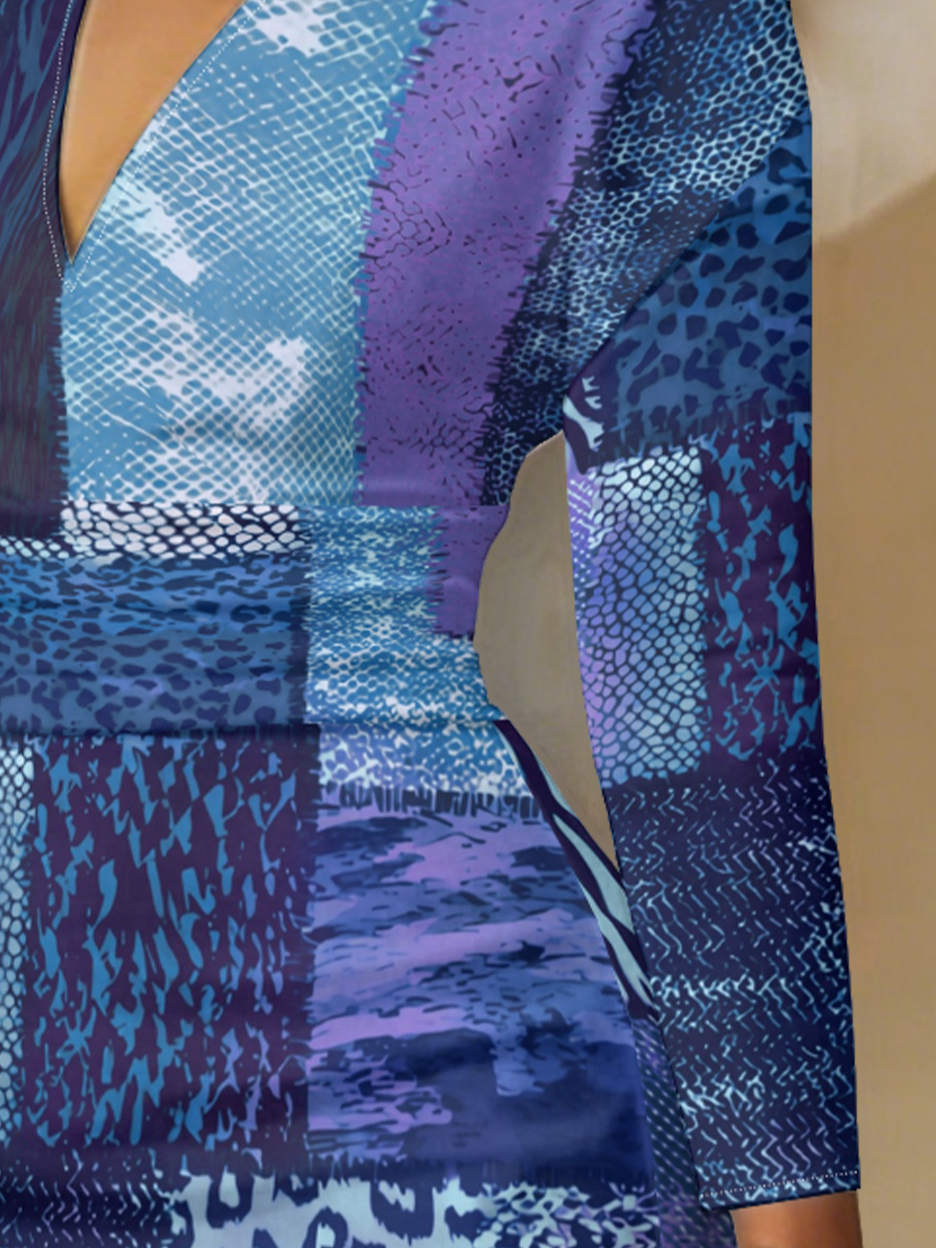 Blue & Purple Patchwork Animal V-Neck Bodycon Midi Dress PWT2846