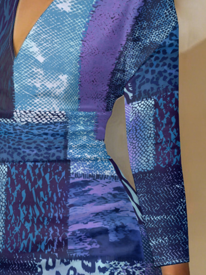 Blue & Purple Patchwork Animal V-Neck Bodycon Midi Dress PWT2846