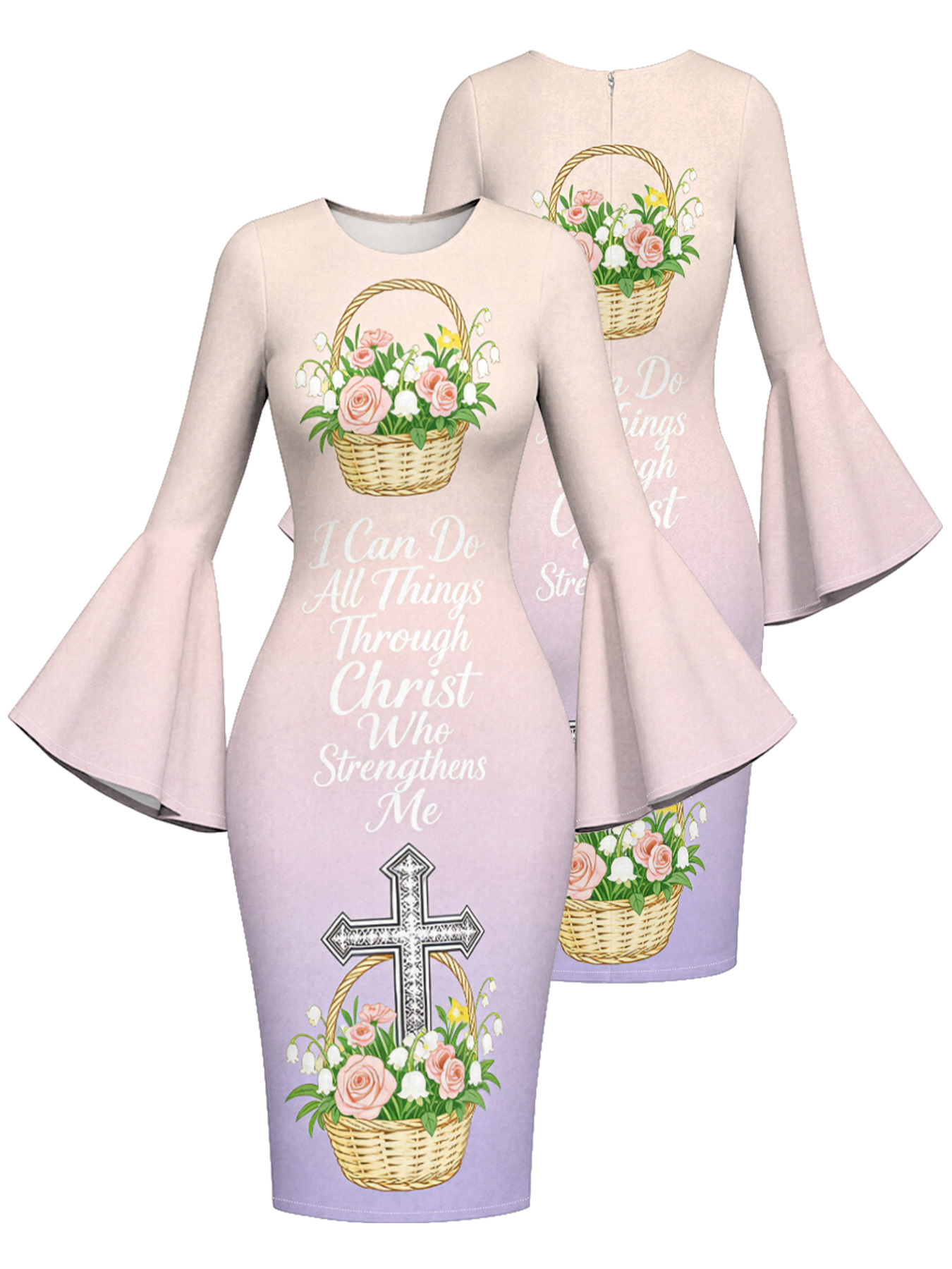 Lavender Ombre Rose Cross Easter Flare Sleeve Bodycon Midi Dress