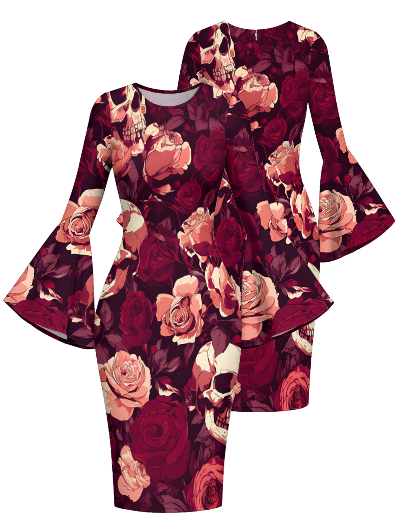 Burgundy Skull & Rose Flare Sleeve Bodycon Midi Dress
